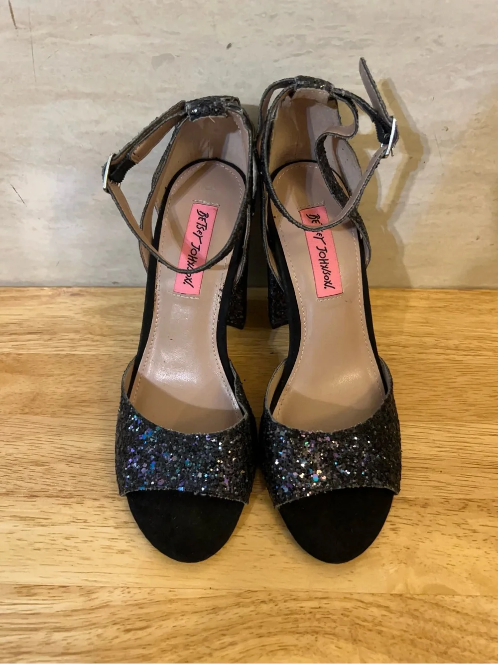 Betsey Johnson Glissten Black Glitter Ankle Strap Sandals.
